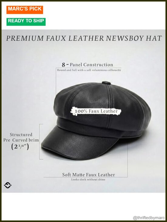 Faux Leather Newsboy Cabbie Cap with Curved Visor, Adjustable Fit, Vintage main image 3
